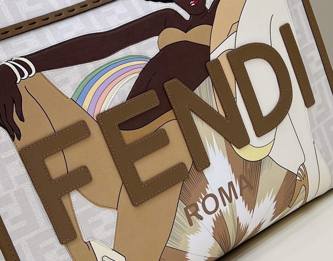 Fendi 8BH386 Sunshine Medium FF White Glazed Fabric Shopper - Default Title - View 5