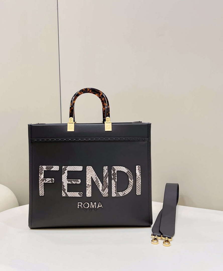 Fendi 8BH386 Sunshine Medium Tote Black Leather and elaphe shopper bag - Default Title - View 1