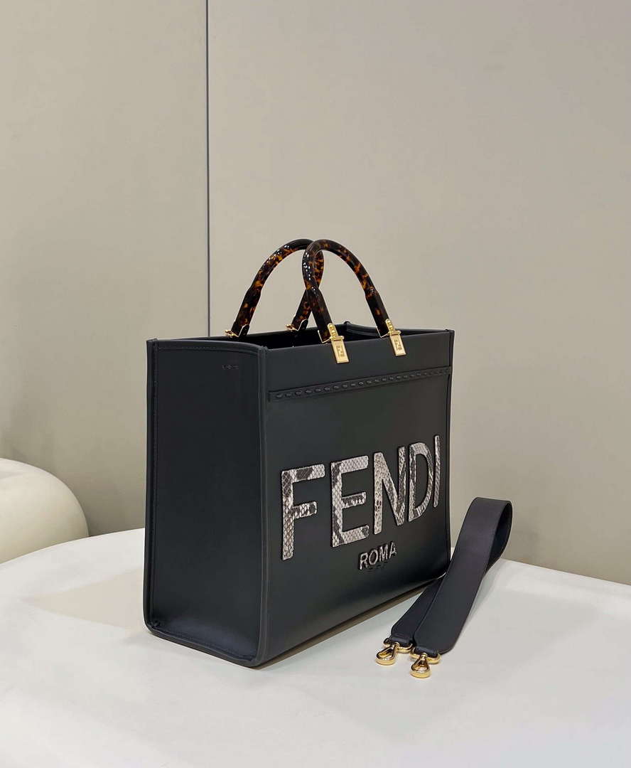 Fendi 8BH386 Sunshine Medium Tote Black Leather and elaphe shopper bag