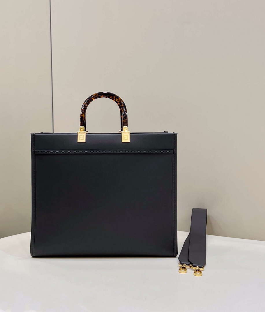 Fendi 8BH386 Sunshine Medium Tote Black Leather and elaphe shopper bag
