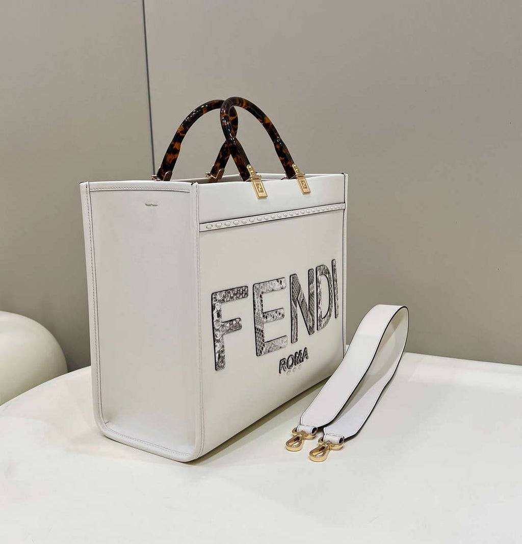 Fendi 8BH386 Sunshine Medium Tote White Leather and elaphe shopper bag