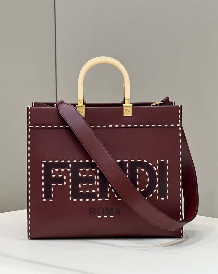 Fendi 8BH386 Sunshine Medium Wine Red leather shopper bag with contrasting threading 80015 - Default Title - View 1