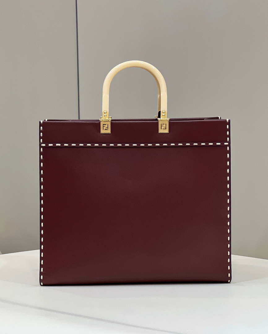 Fendi 8BH386 Sunshine Medium Wine Red leather shopper bag with contrasting threading 80015