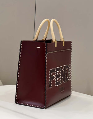 Fendi 8BH386 Sunshine Medium Wine Red leather shopper bag with contrasting threading 80015 - Default Title - View 6