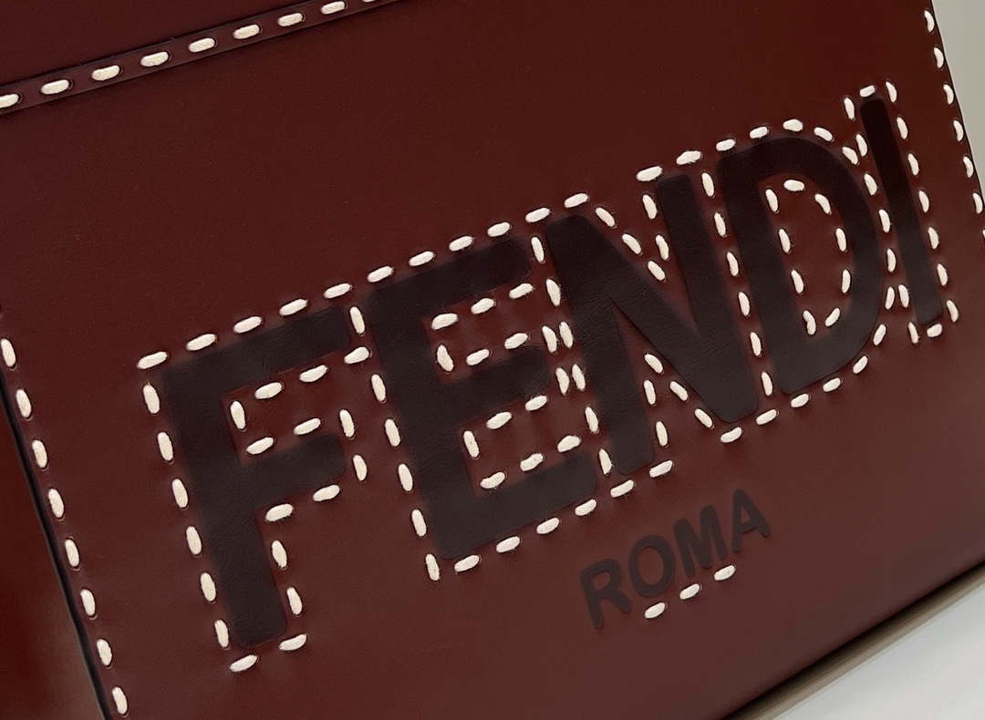 Fendi 8BH386 Sunshine Medium Wine Red leather shopper bag with contrasting threading 80015 - Default Title - View 8