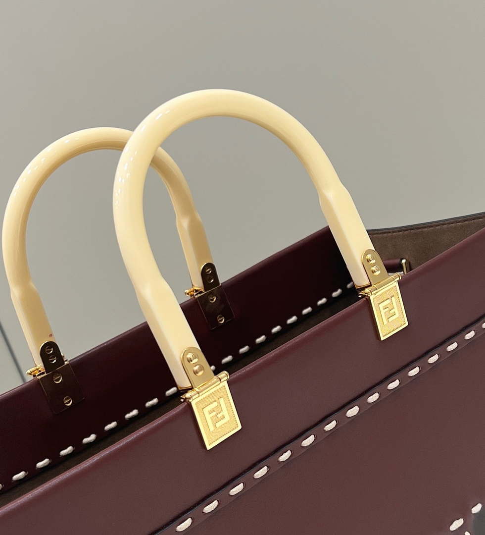 Fendi 8BH386 Sunshine Medium Wine Red leather shopper bag with contrasting threading 80015