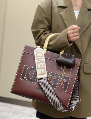 Fendi 8BH386 Sunshine Medium Wine Red leather shopper bag with contrasting threading 80015 - Default Title - View 3