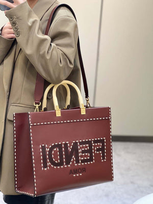Fendi 8BH386 Sunshine Medium Wine Red leather shopper bag with contrasting threading 80015 - Default Title - View 4