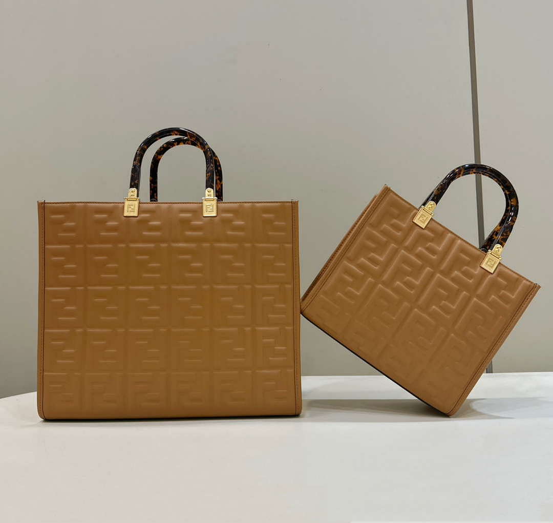 Fendi 8BH394 Fendi Sunshine Small Tan leather shopper Printer FF