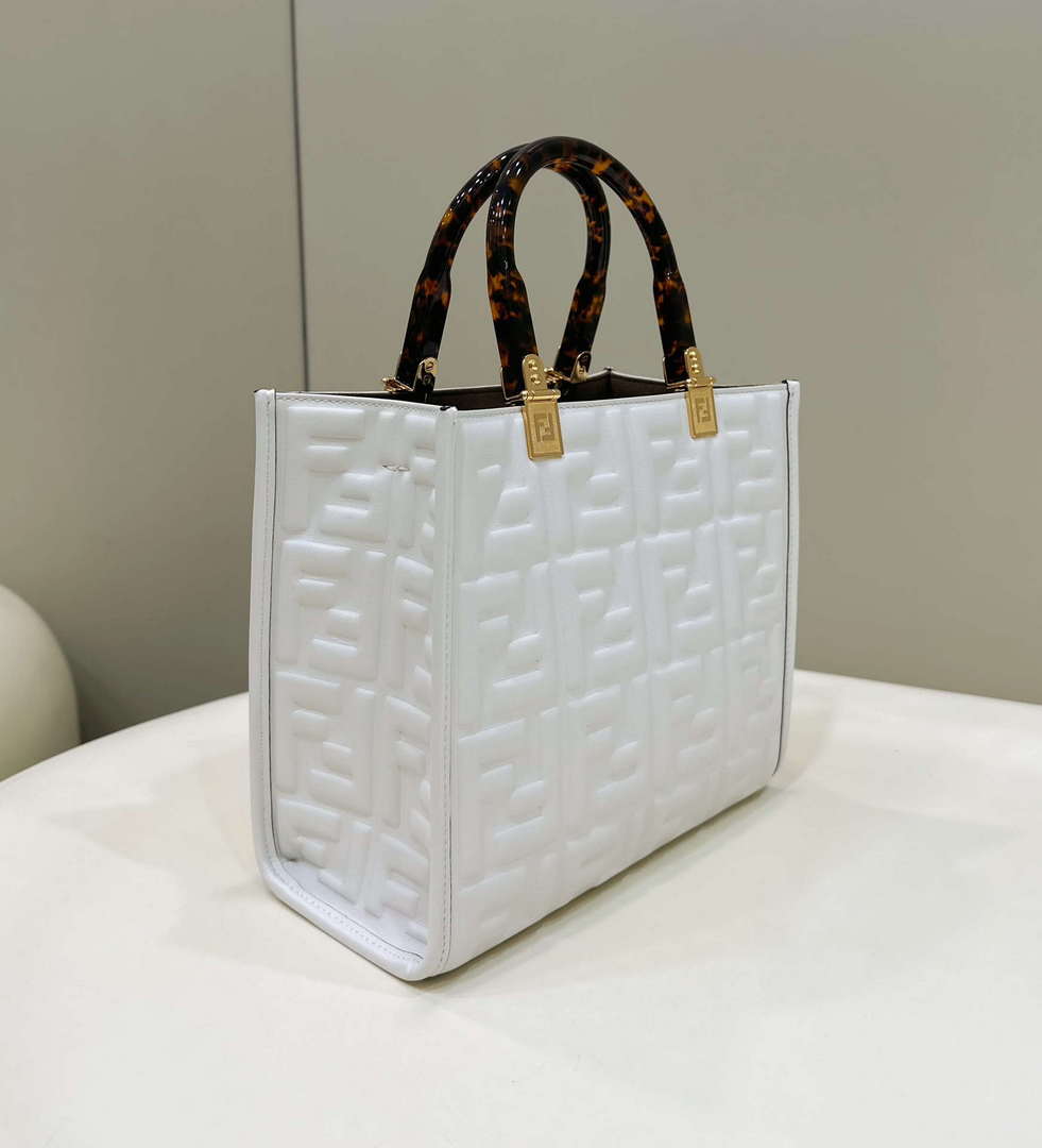 Fendi 8BH394 Fendi Sunshine Small White leather shopper Printer FF