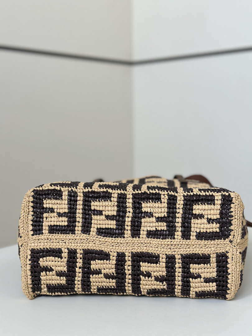 Fendi 8BH424AS3BF17A1 Small Roll Beige FF raffia crochet shopper 8659s - Default Title - View 4