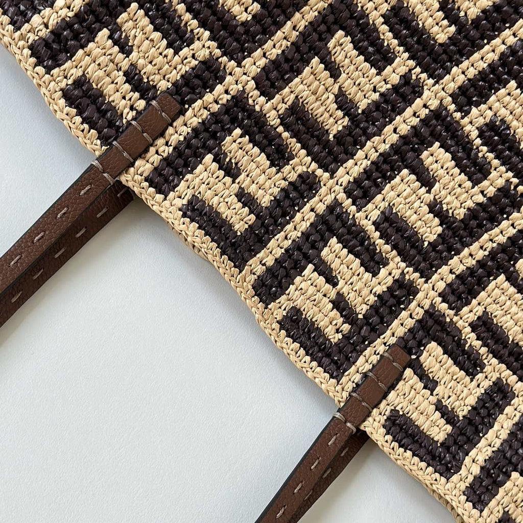 Fendi 8BH424AS3BF17A1 Small Roll Beige FF raffia crochet shopper 8659s