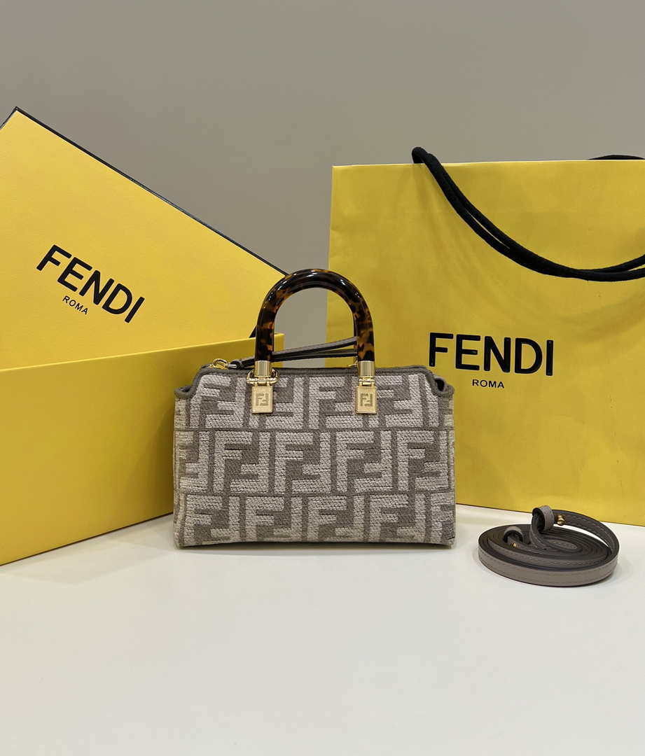 Fendi 8BL145 By The Way Mini  Midi Dove gray FF tapestry fabric bag small Boston bag