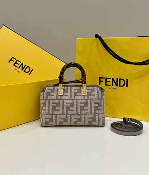 Fendi 8BL145 By The Way Mini  Midi Dove gray FF tapestry fabric bag small Boston bag - Default Title - View 1