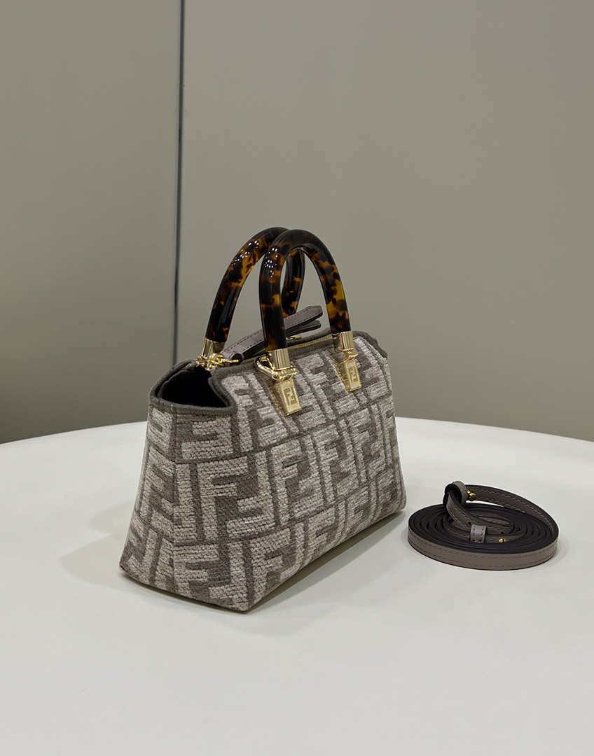 Fendi 8BL145 By The Way Mini  Midi Dove gray FF tapestry fabric bag small Boston bag