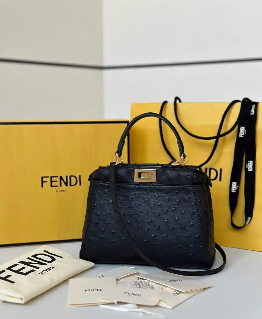 Fendi 8BN244 Peekaboo Iconic Mini Black Ostrich Leather 66806 Bag