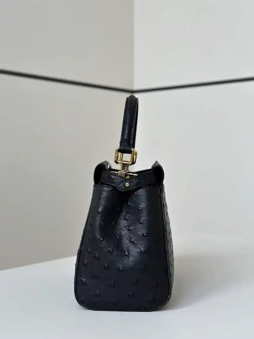 Fendi 8BN244 Peekaboo Iconic Mini Black Ostrich Leather 66806 Bag