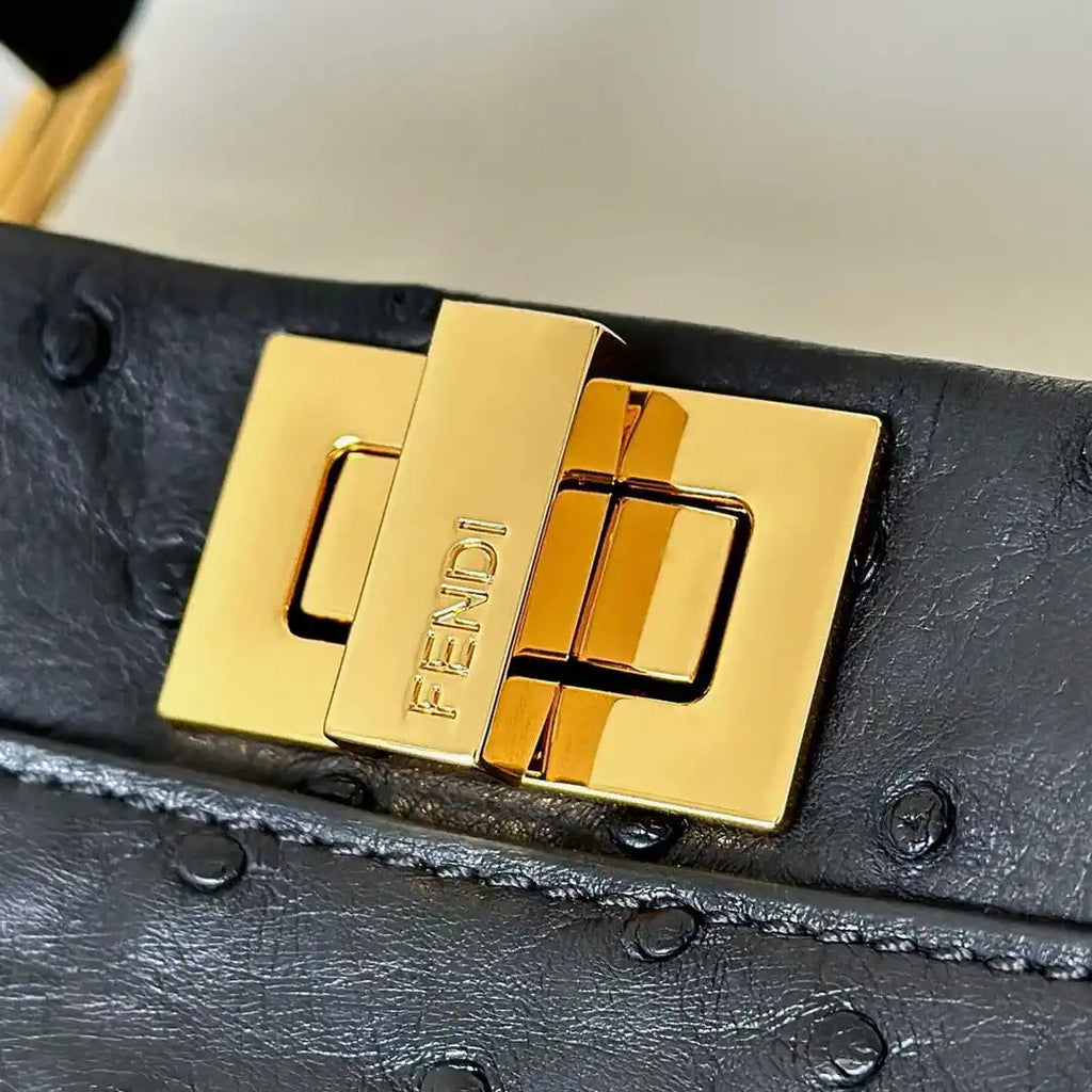 Fendi 8BN244 Peekaboo Iconic Mini Black Ostrich Leather 66806 Bag