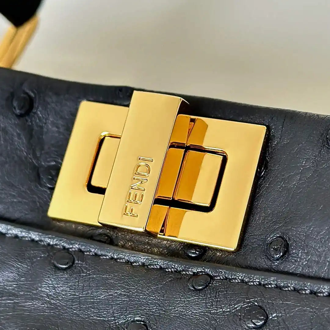 Fendi 8BN244 Peekaboo Iconic Mini Black Ostrich Leather 66806 Bag