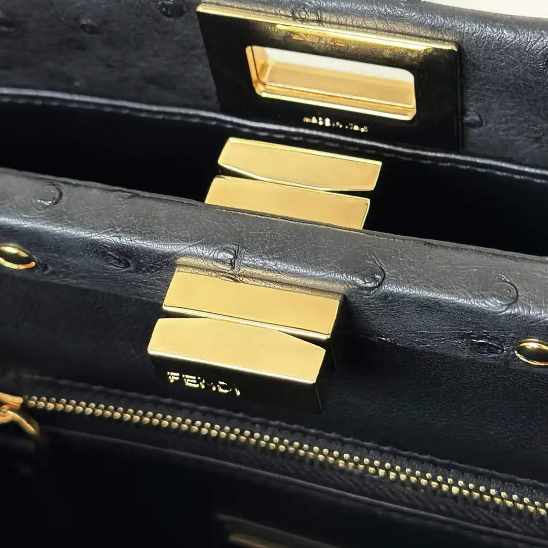 Fendi 8BN244 Peekaboo Iconic Mini Black Ostrich Leather 66806 Bag