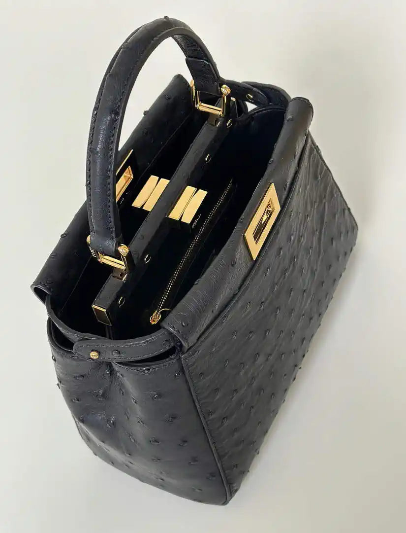 Fendi 8BN244 Peekaboo Iconic Mini Black Ostrich Leather 66806 Bag