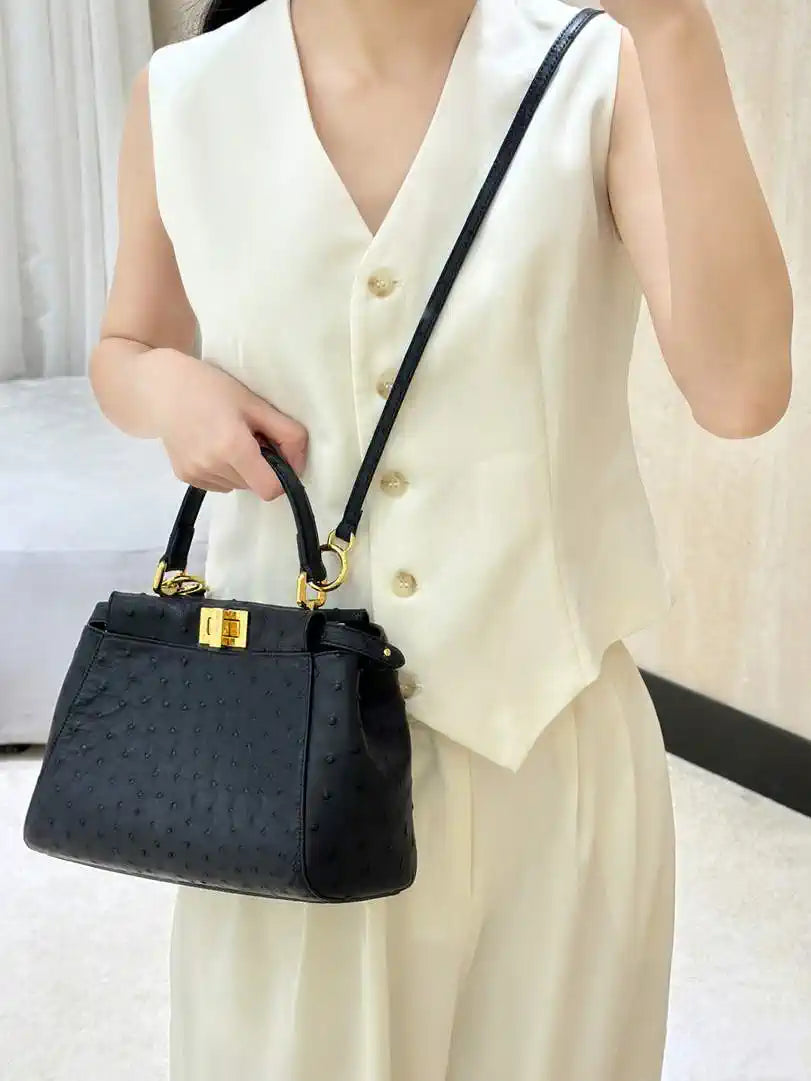 Fendi 8BN244 Peekaboo Iconic Mini Black Ostrich Leather 66806 Bag