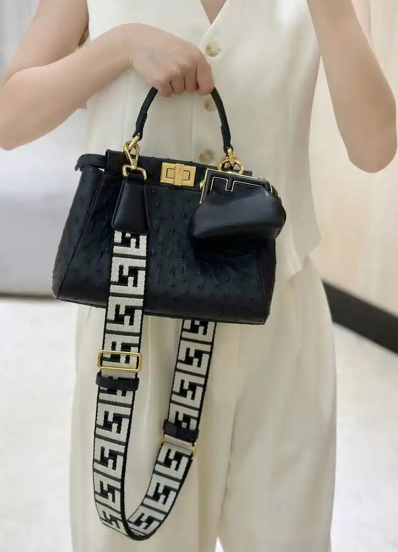 Fendi 8BN244 Peekaboo Iconic Mini Black Ostrich Leather 66806 Bag