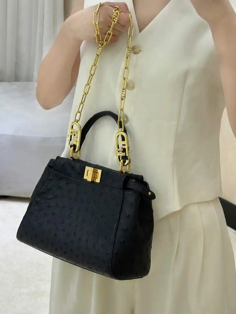 Fendi 8BN244 Peekaboo Iconic Mini Black Ostrich Leather 66806 Bag