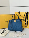 Fendi 8BN244 Peekaboo Iconic Mini Blue Ostrich Leather 66806 Bag