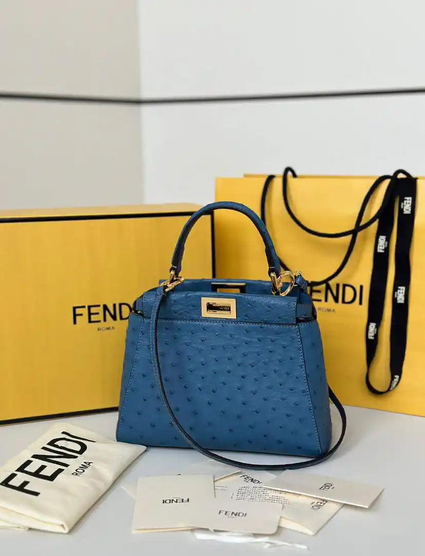 Fendi 8BN244 Peekaboo Iconic Mini Blue Ostrich Leather 66806 Bag