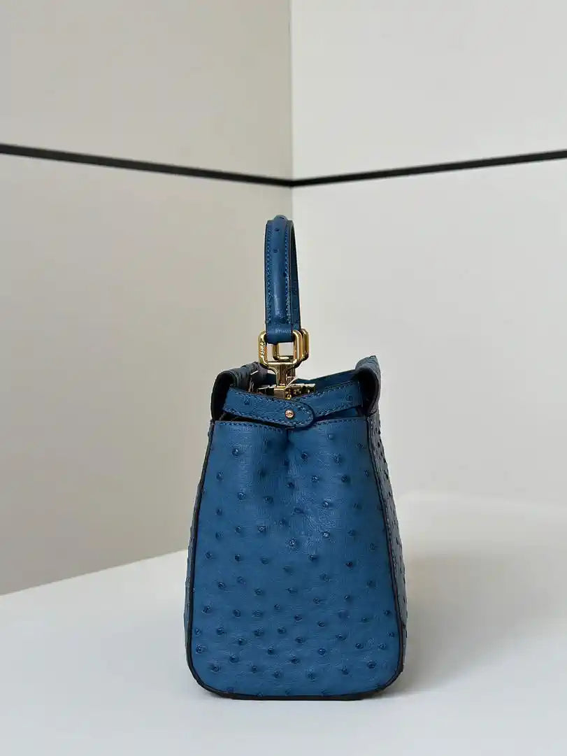 Fendi 8BN244 Peekaboo Iconic Mini Blue Ostrich Leather 66806 Bag