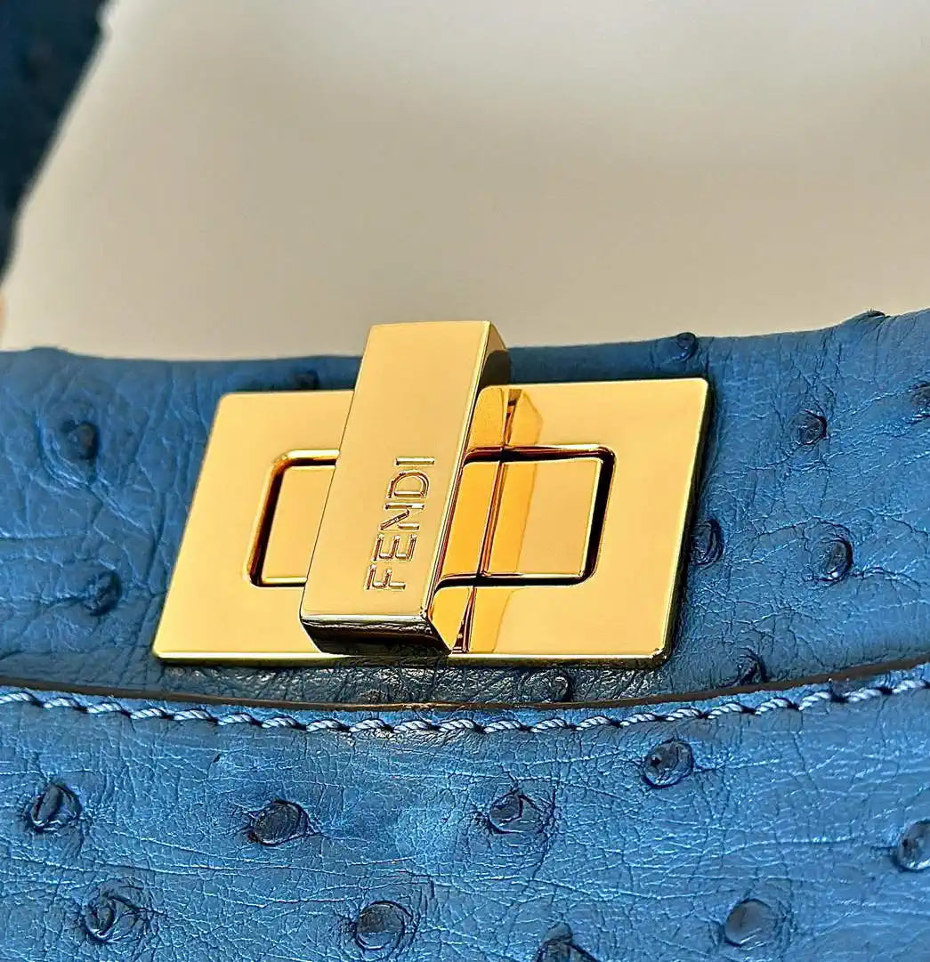 Fendi 8BN244 Peekaboo Iconic Mini Blue Ostrich Leather 66806 Bag