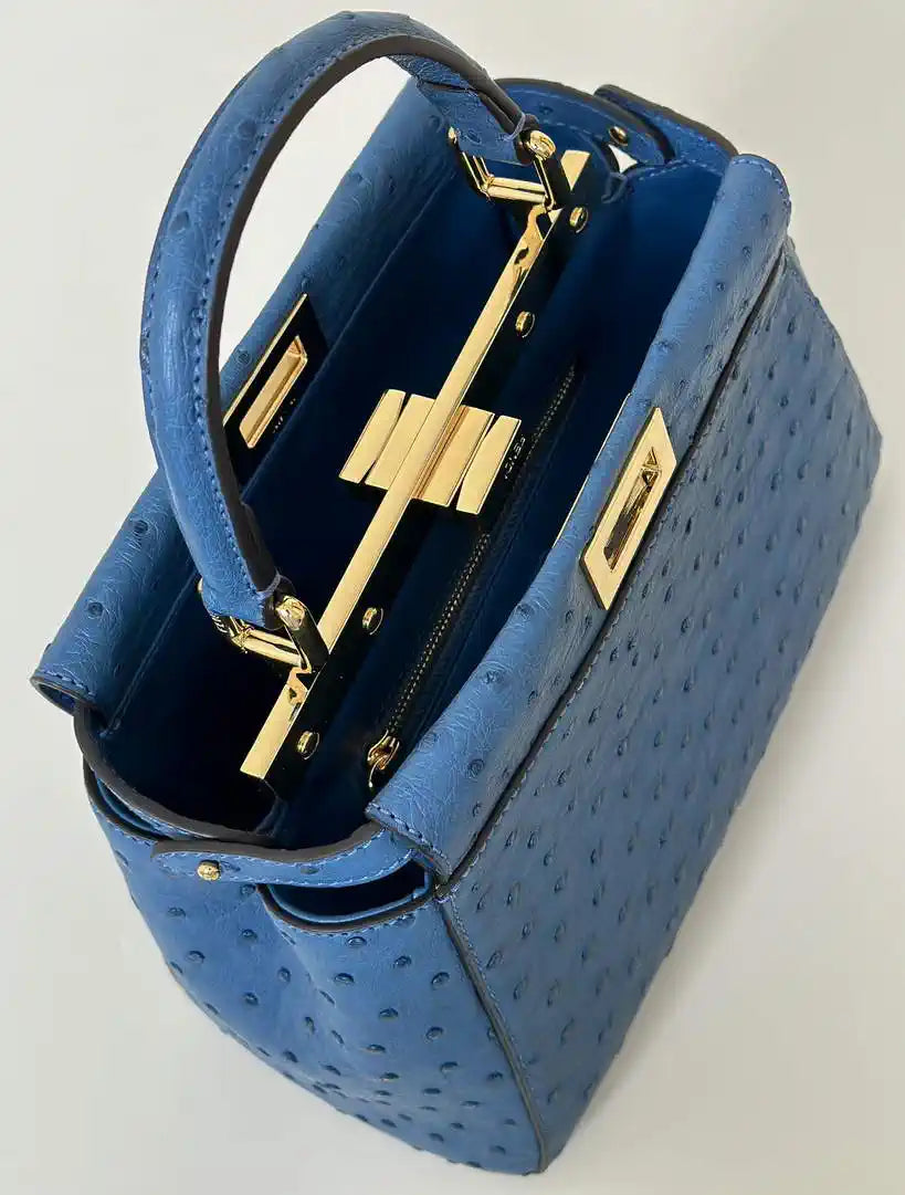 Fendi 8BN244 Peekaboo Iconic Mini Blue Ostrich Leather 66806 Bag