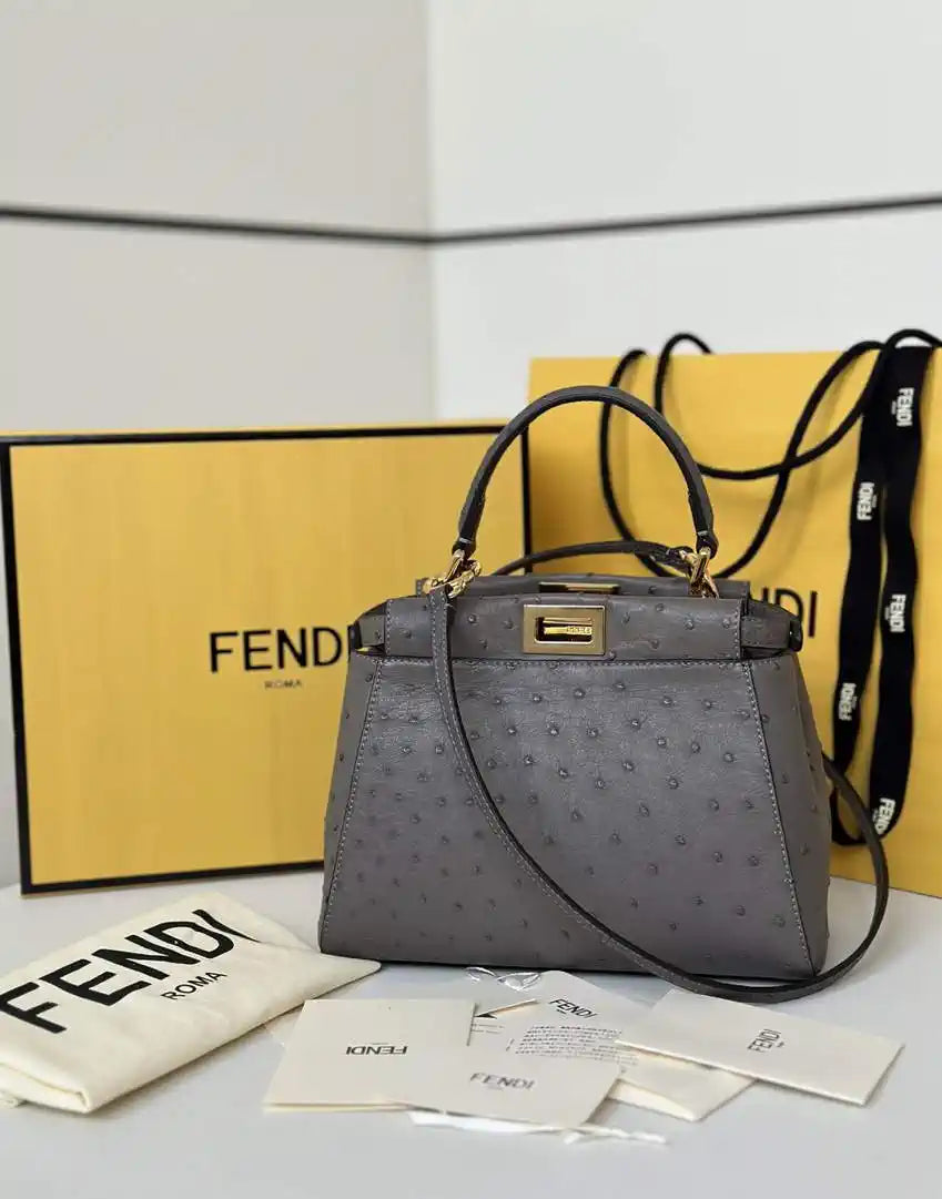 Fendi 8BN244 Peekaboo Iconic Mini Gray Ostrich Leather 66806 Bag