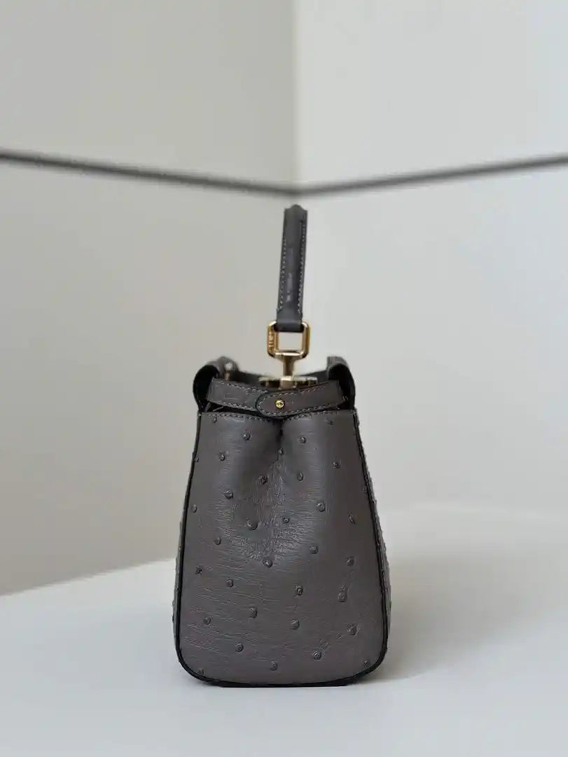 Fendi 8BN244 Peekaboo Iconic Mini Gray Ostrich Leather 66806 Bag