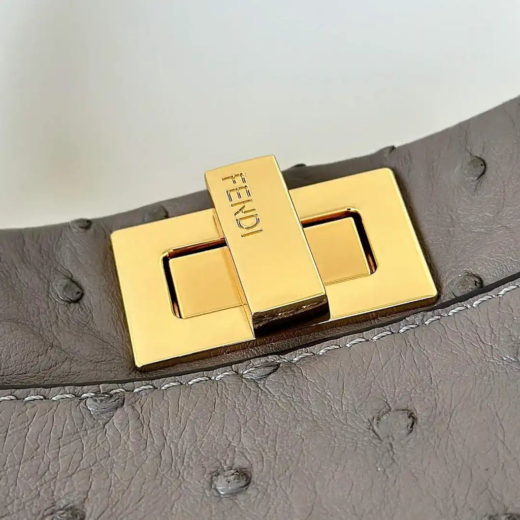 Fendi 8BN244 Peekaboo Iconic Mini Gray Ostrich Leather 66806 Bag