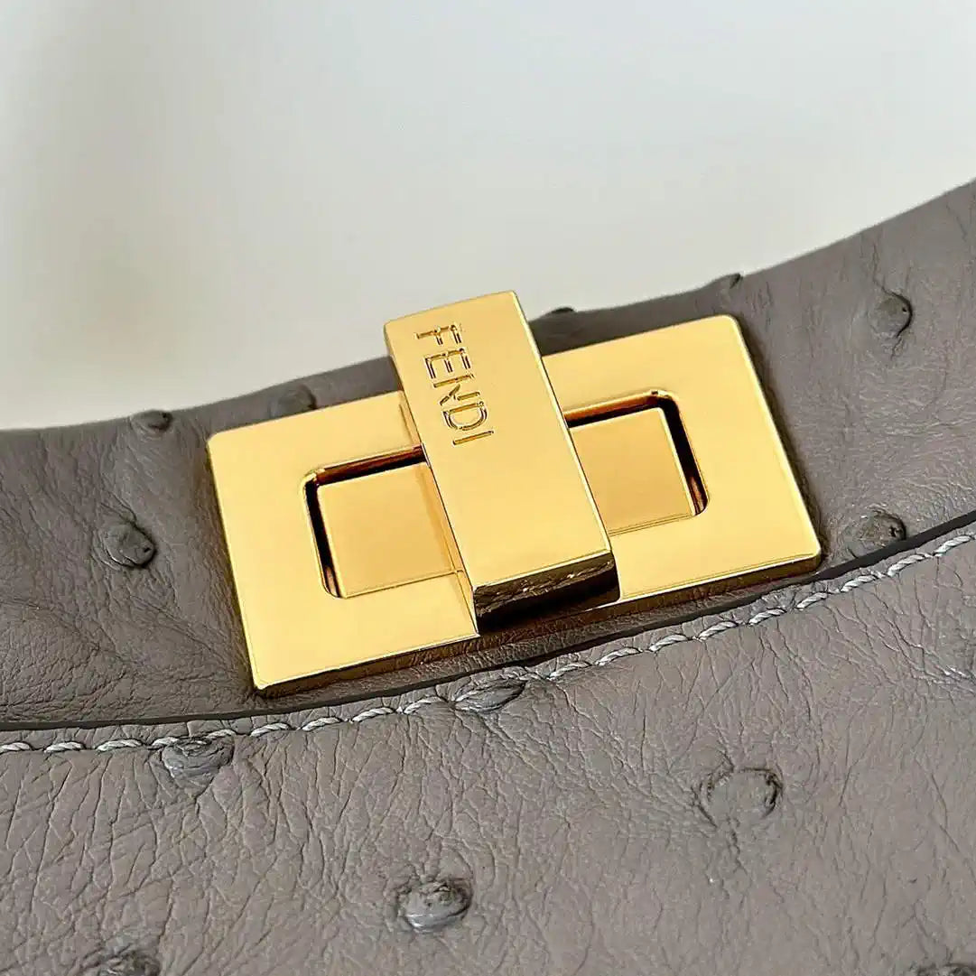 Fendi 8BN244 Peekaboo Iconic Mini Gray Ostrich Leather 66806 Bag