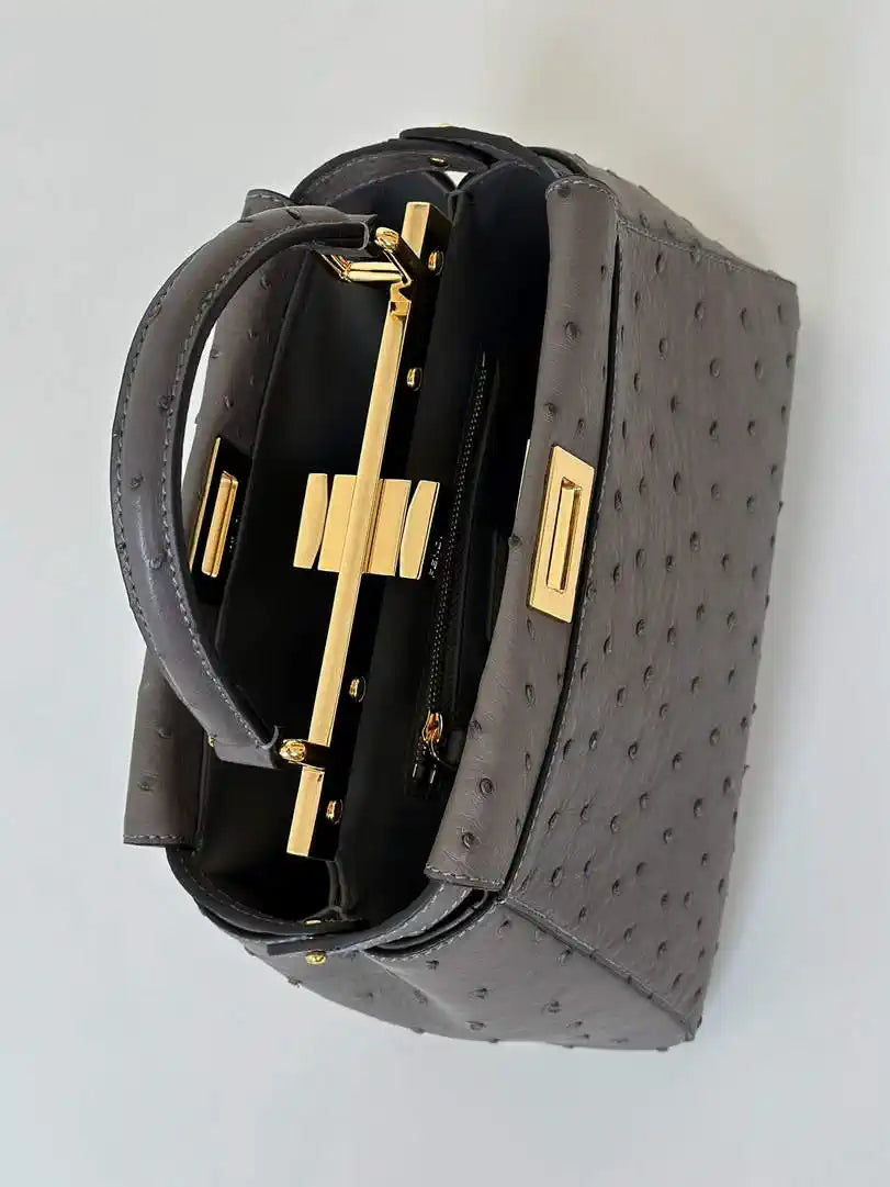 Fendi 8BN244 Peekaboo Iconic Mini Gray Ostrich Leather 66806 Bag