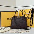 Fendi 8BN244 Peekaboo Iconic Mini Dark Brown Ostrich Leather 66806 Bag