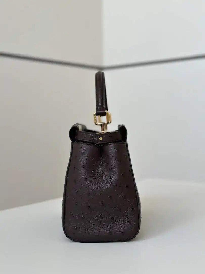 Fendi 8BN244 Peekaboo Iconic Mini Dark Brown Ostrich Leather 66806 Bag