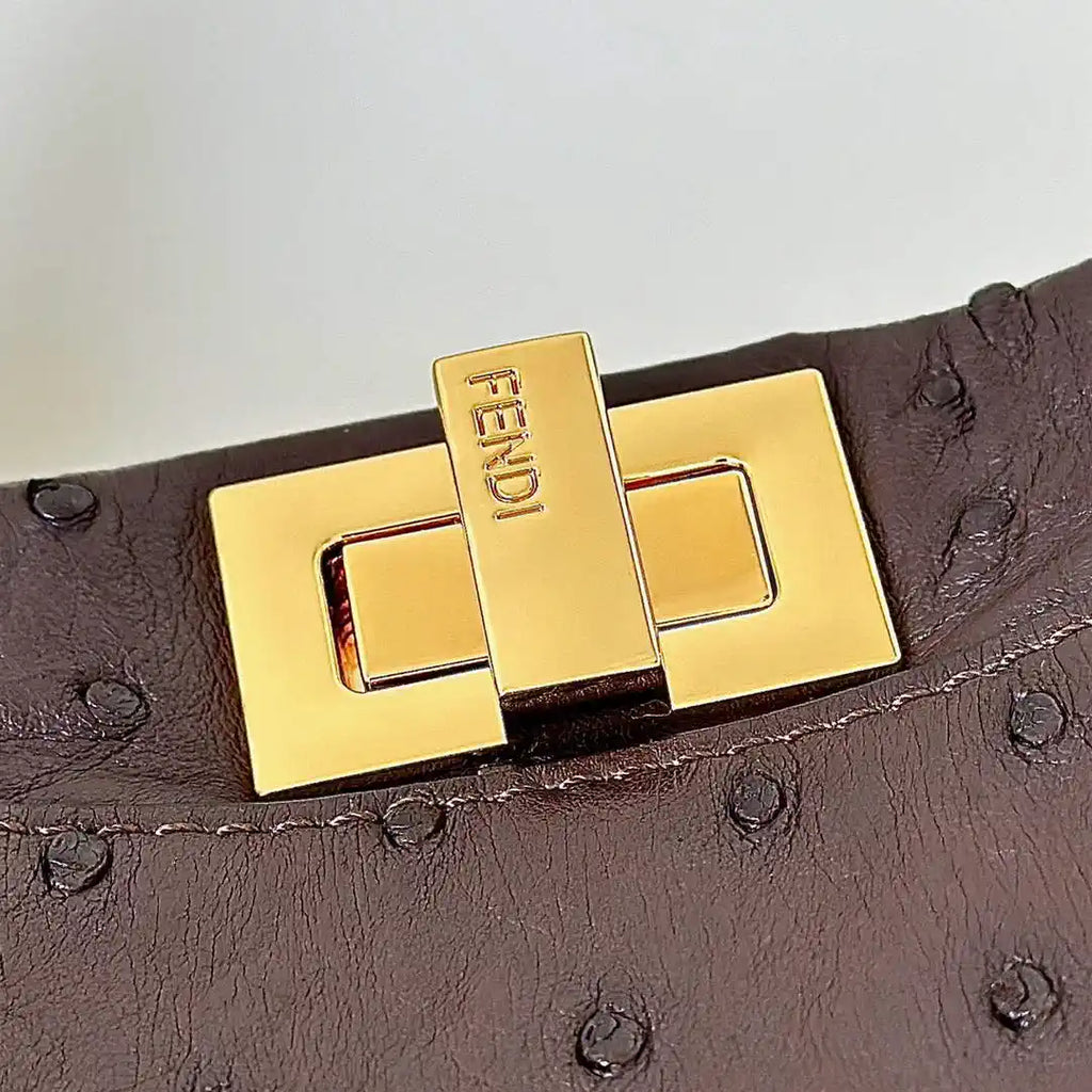 Fendi 8BN244 Peekaboo Iconic Mini Dark Brown Ostrich Leather 66806 Bag