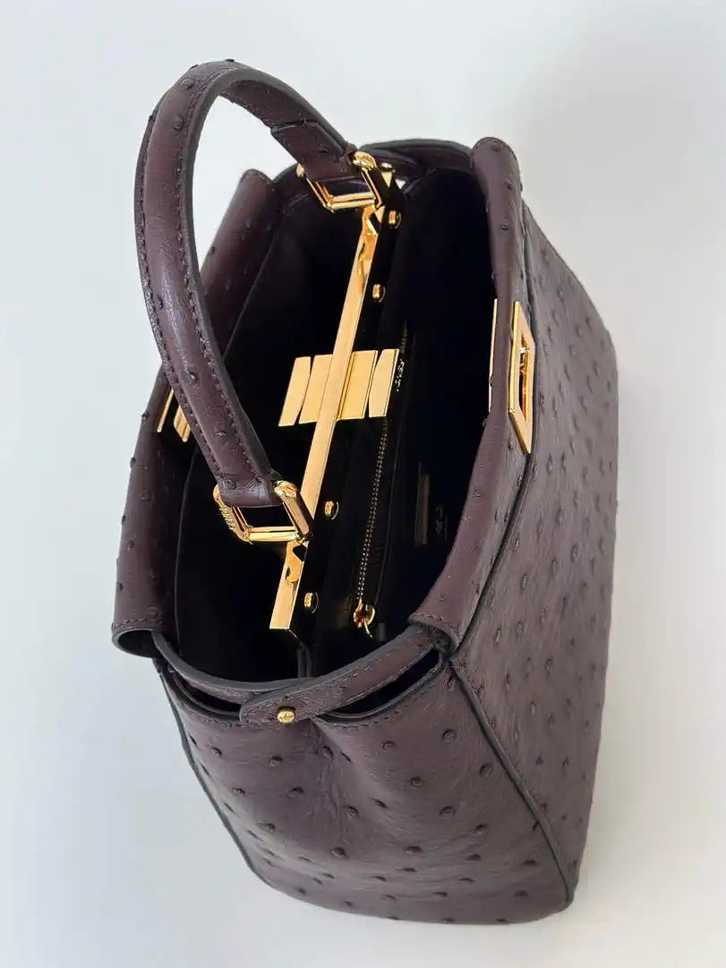 Fendi 8BN244 Peekaboo Iconic Mini Dark Brown Ostrich Leather 66806 Bag