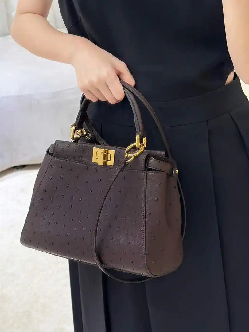 Fendi 8BN244 Peekaboo Iconic Mini Dark Brown Ostrich Leather 66806 Bag