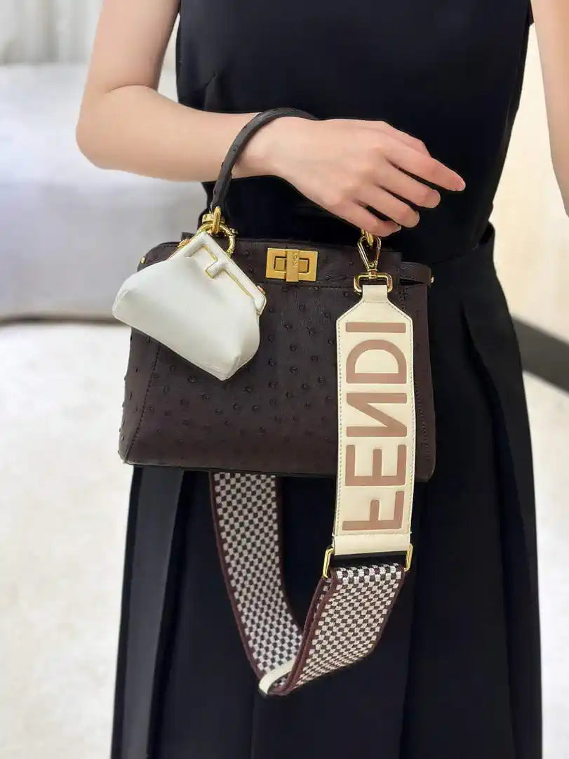Fendi 8BN244 Peekaboo Iconic Mini Dark Brown Ostrich Leather 66806 Bag