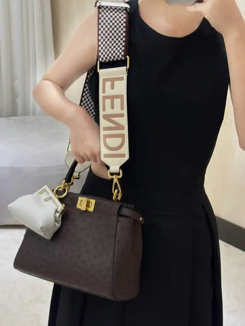 Fendi 8BN244 Peekaboo Iconic Mini Dark Brown Ostrich Leather 66806 Bag