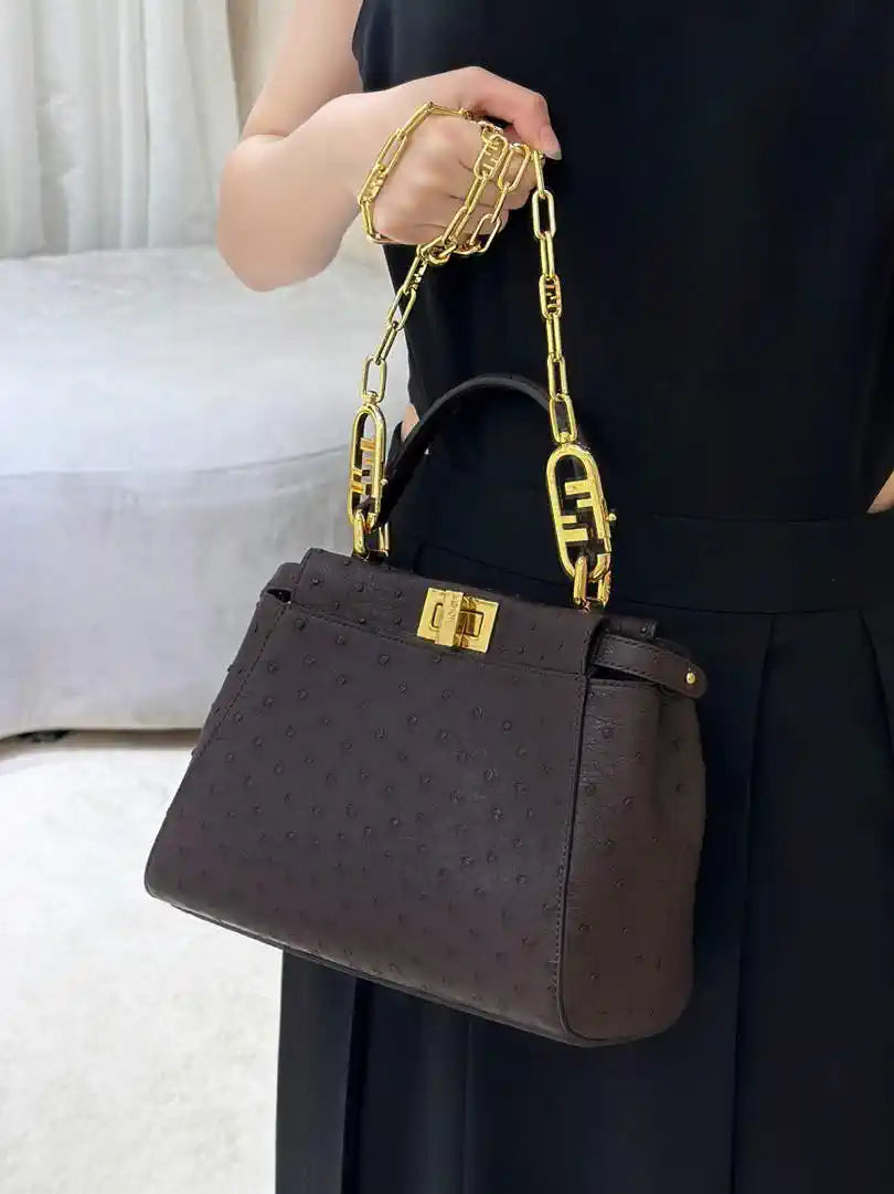 Fendi 8BN244 Peekaboo Iconic Mini Dark Brown Ostrich Leather 66806 Bag