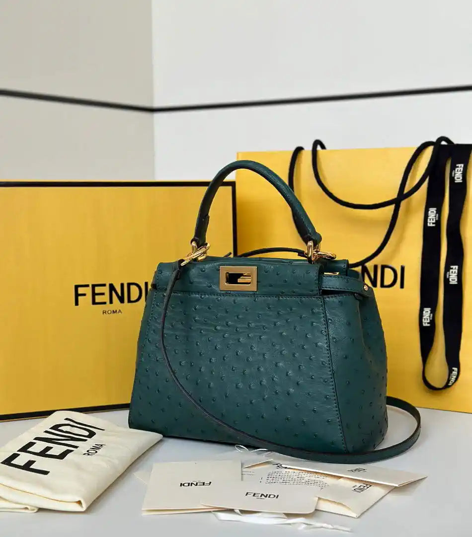Fendi 8BN244 Peekaboo Iconic Mini Green Ostrich Leather 66806 Bag