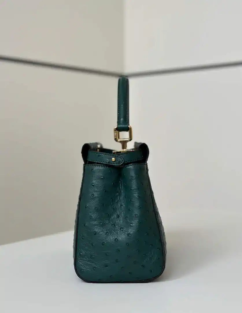 Fendi 8BN244 Peekaboo Iconic Mini Green Ostrich Leather 66806 Bag