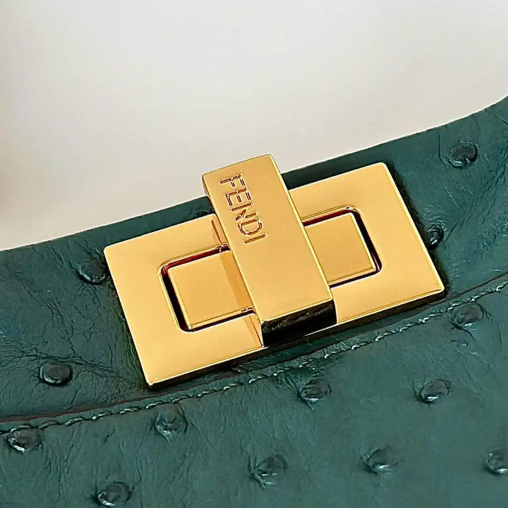 Fendi 8BN244 Peekaboo Iconic Mini Green Ostrich Leather 66806 Bag