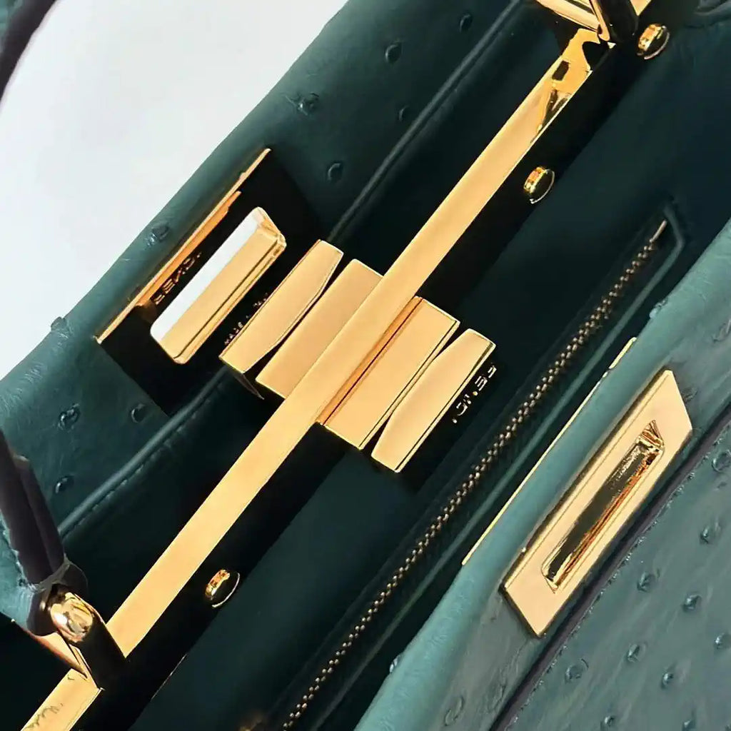 Fendi 8BN244 Peekaboo Iconic Mini Green Ostrich Leather 66806 Bag